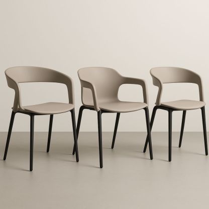 Lot de 3 chaises avec accoudoirs en polypropylène Taupe avec pieds en métal noir-Pureverdeaura