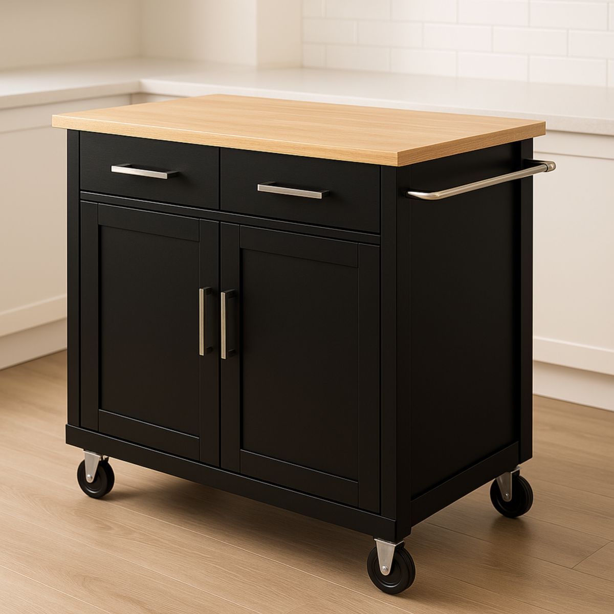 Chariot de Cuisine Noir avec Plateau Bois Hêtre Taille 94x48x90cm-Pureverdeaura