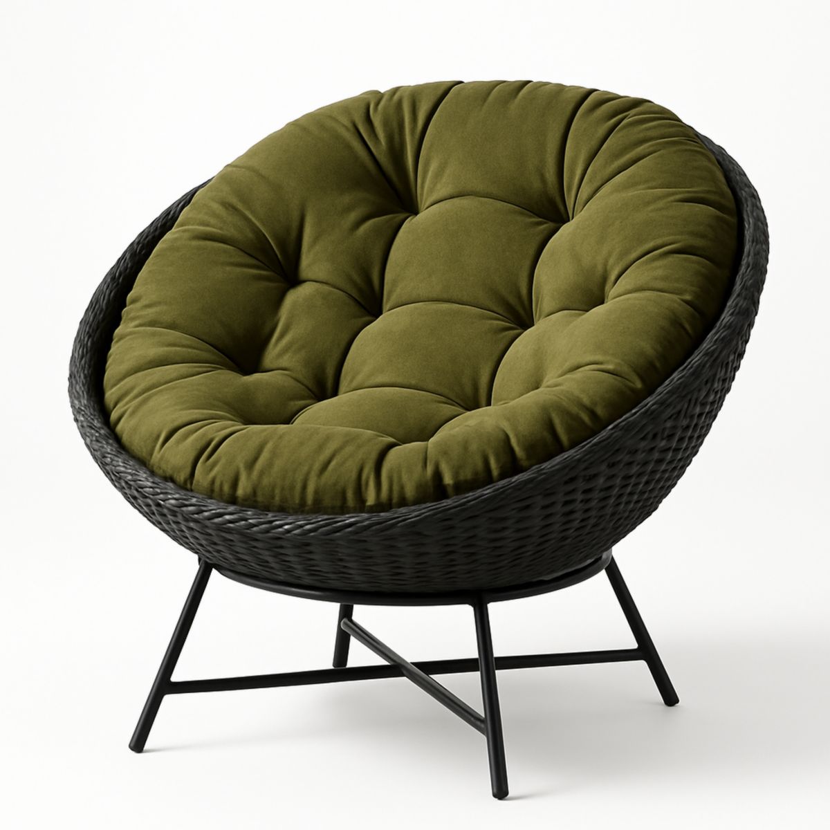 Fauteuil Papasan Rond Résine Tressée Coussin Velours Vert Structure Métal 79cm-Pureverdeaura