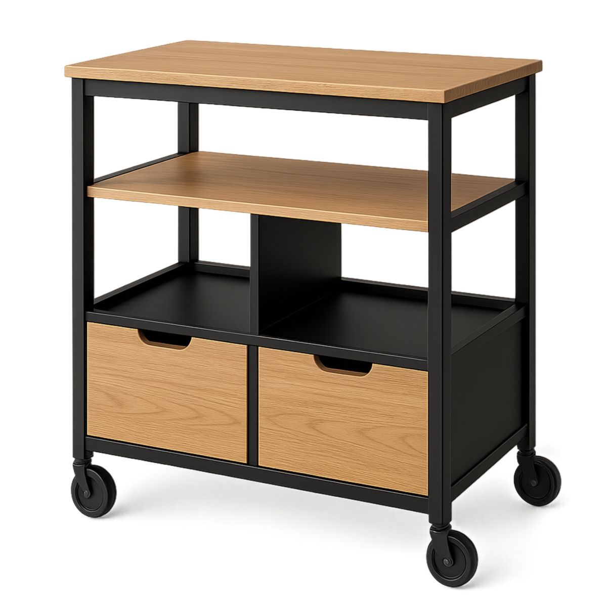 Chariot de Cuisine avec Étagères et Tiroirs en Bois et Métal Noir-Pureverdeaura