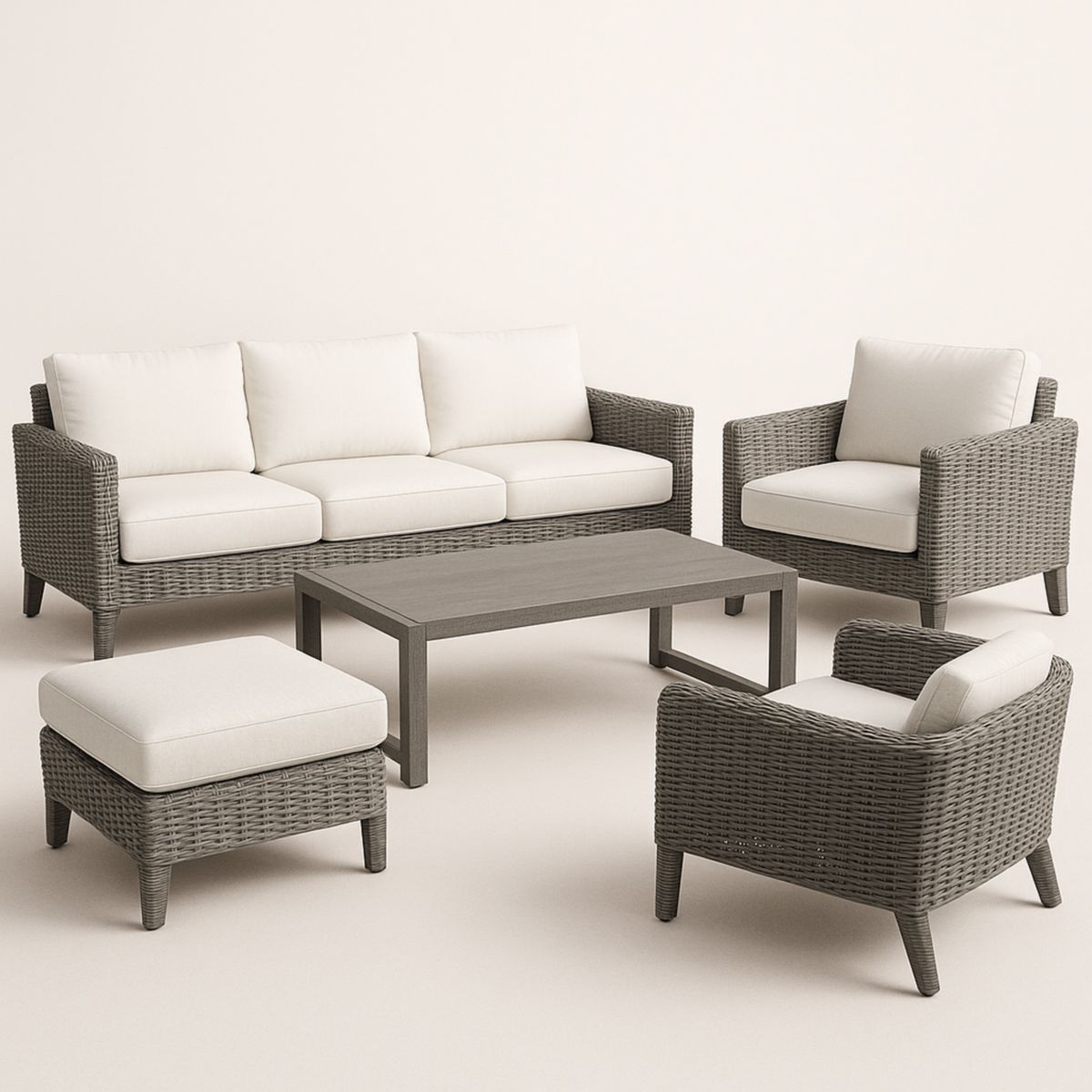 Ensemble de Canapé de Jardin en Rotin Résine avec Coussins en Polyester Blancs et Table Rectangulaire-Pureverdeaura