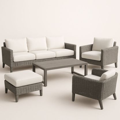 Ensemble de Canapé de Jardin en Rotin Résine avec Coussins en Polyester Blancs et Table Rectangulaire-Pureverdeaura