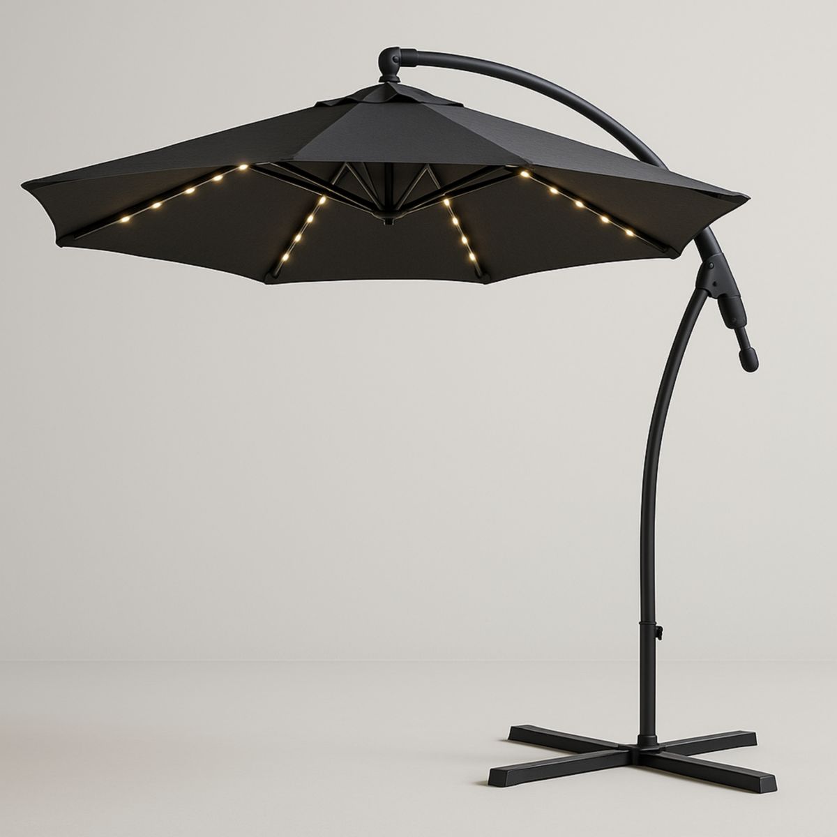 Parasol déporté avec éclairage LED tissu polyester noir diamètre 300 cm-Pureverdeaura