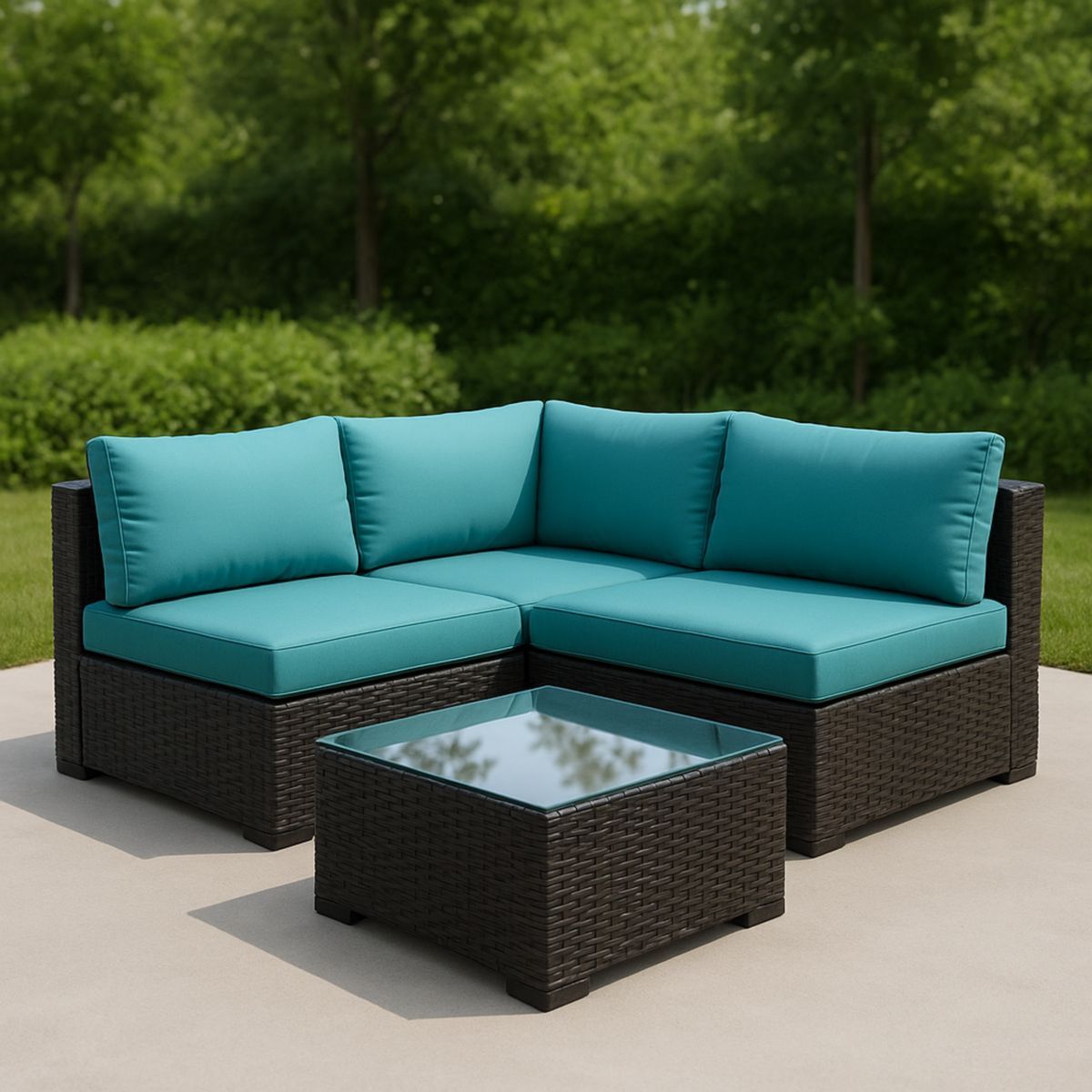 Salon de jardin modulaire en résine tressée avec coussins turquoise-Pureverdeaura