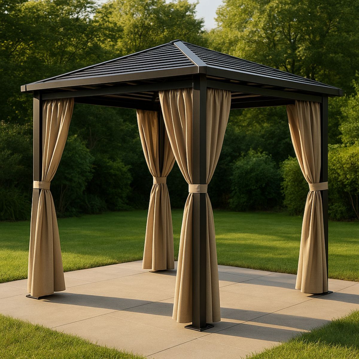 Pavillon de jardin en aluminium avec rideaux beige 3x3x2.5m-Pureverdeaura