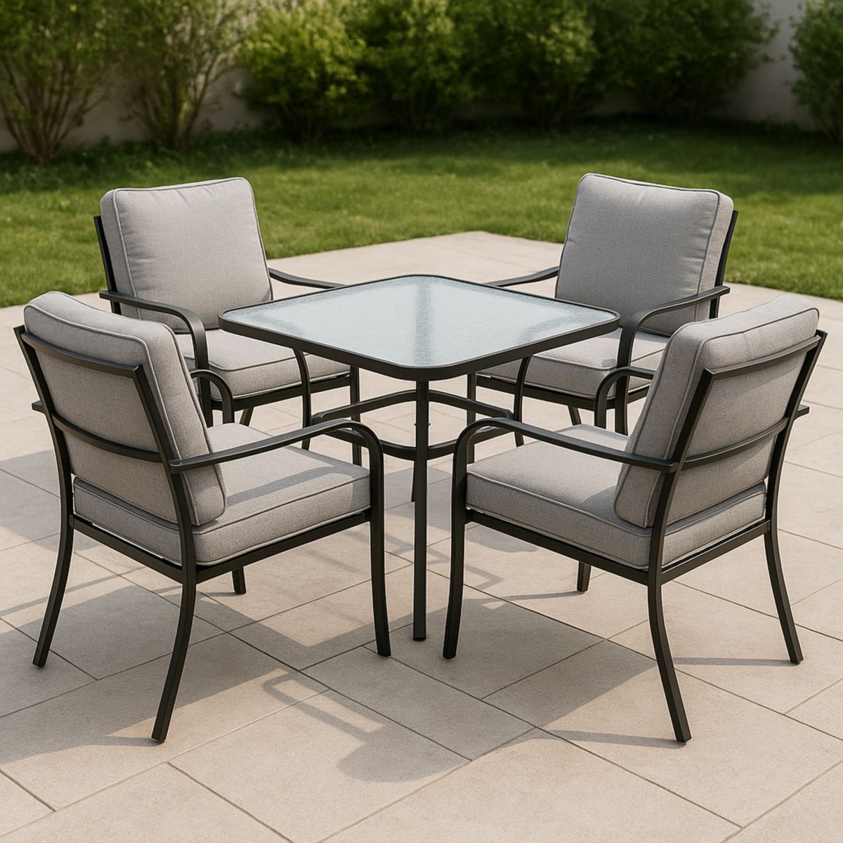 Ensemble mobilier de jardin 5 pièces avec table en verre et fauteuils en métal noir et coussins gris-Pureverdeaura