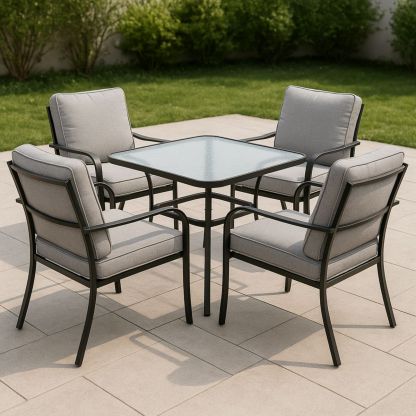 Ensemble mobilier de jardin 5 pièces avec table en verre et fauteuils en métal noir et coussins gris-Pureverdeaura