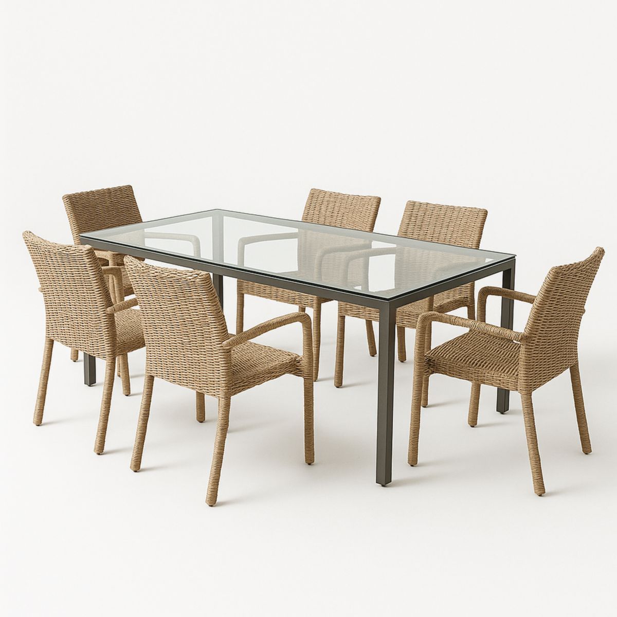 Ensemble de salle à manger extérieur 6 personnes table en verre trempé 8mm 150x90 cm avec chaises en résine tressée-Pureverdeaura