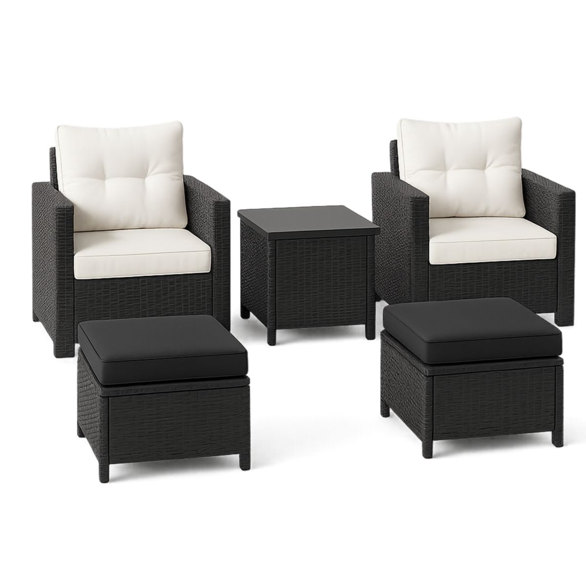 Ensemble de Meubles de Jardin 2 Fauteuils 2 Poufs Table Polyrotin Noir/Coussin Crème-Pureverdeaura
