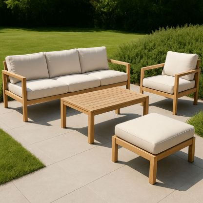 Ensemble Salon de Jardin 4 pièces Bois Acacia Coussins Beige Table Rectangle-Pureverdeaura
