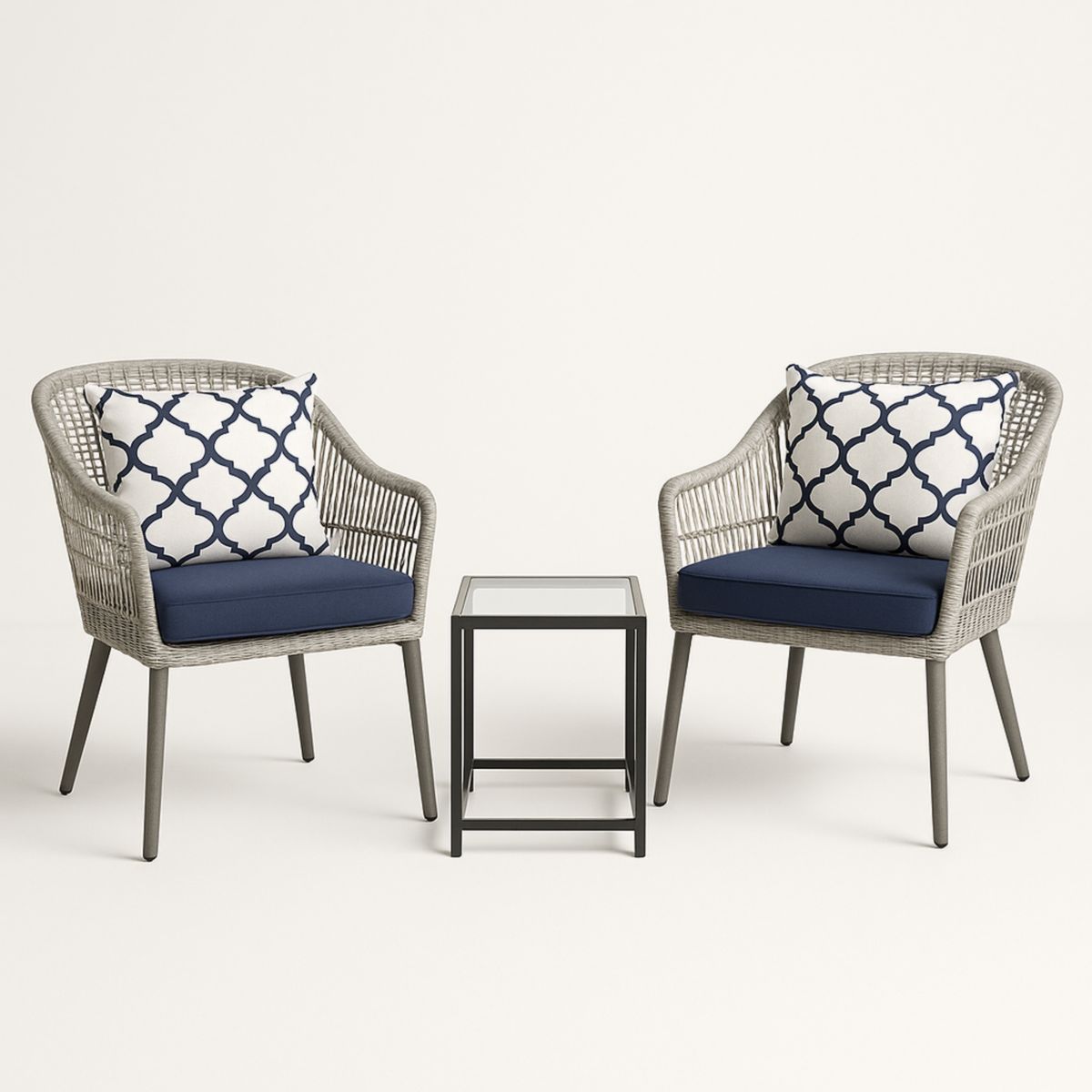 Ensemble de Mobilier de Jardin 3 Pièces Résine Tressée Acier Verre Gris/Bleu-Pureverdeaura