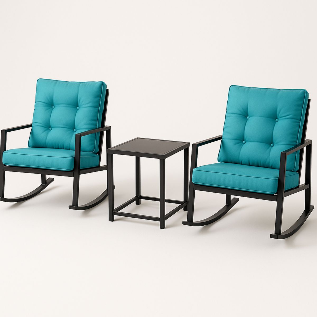 Ensemble fauteuils à bascule et table carrée métal et coussins polyester bleu 60x60x35 cm/65x74x85 cm-Pureverdeaura