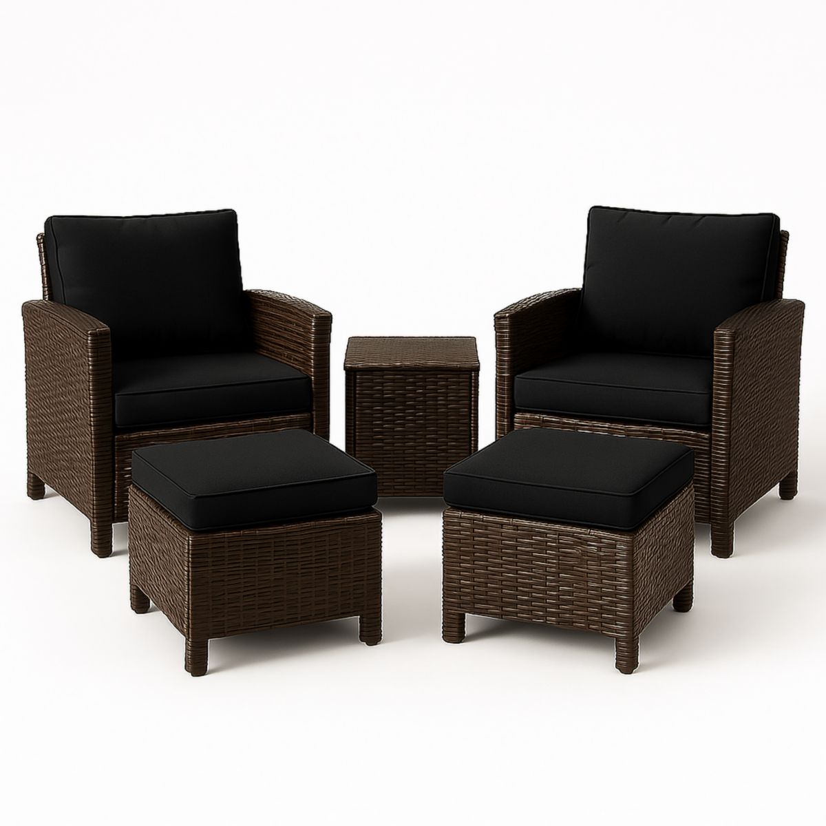 Ensemble de Salon en Résine Tressée avec Coussins en Polyester Noirs 2 Fauteuils 2 Repose-Pieds Table Marron-Pureverdeaura