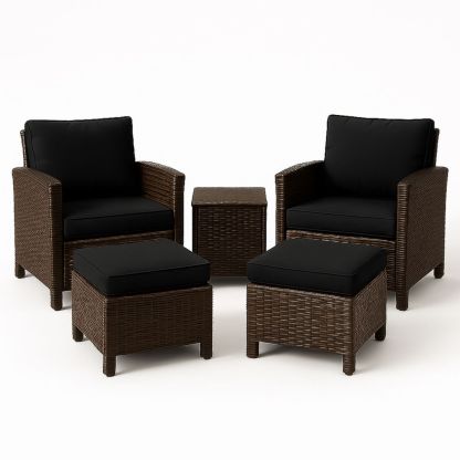 Ensemble de Salon en Résine Tressée avec Coussins en Polyester Noirs 2 Fauteuils 2 Repose-Pieds Table Marron-Pureverdeaura