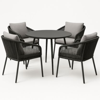Ensemble table ronde et chaises extérieures en aluminium et corde 5 pièces Noir/Gris-Pureverdeaura