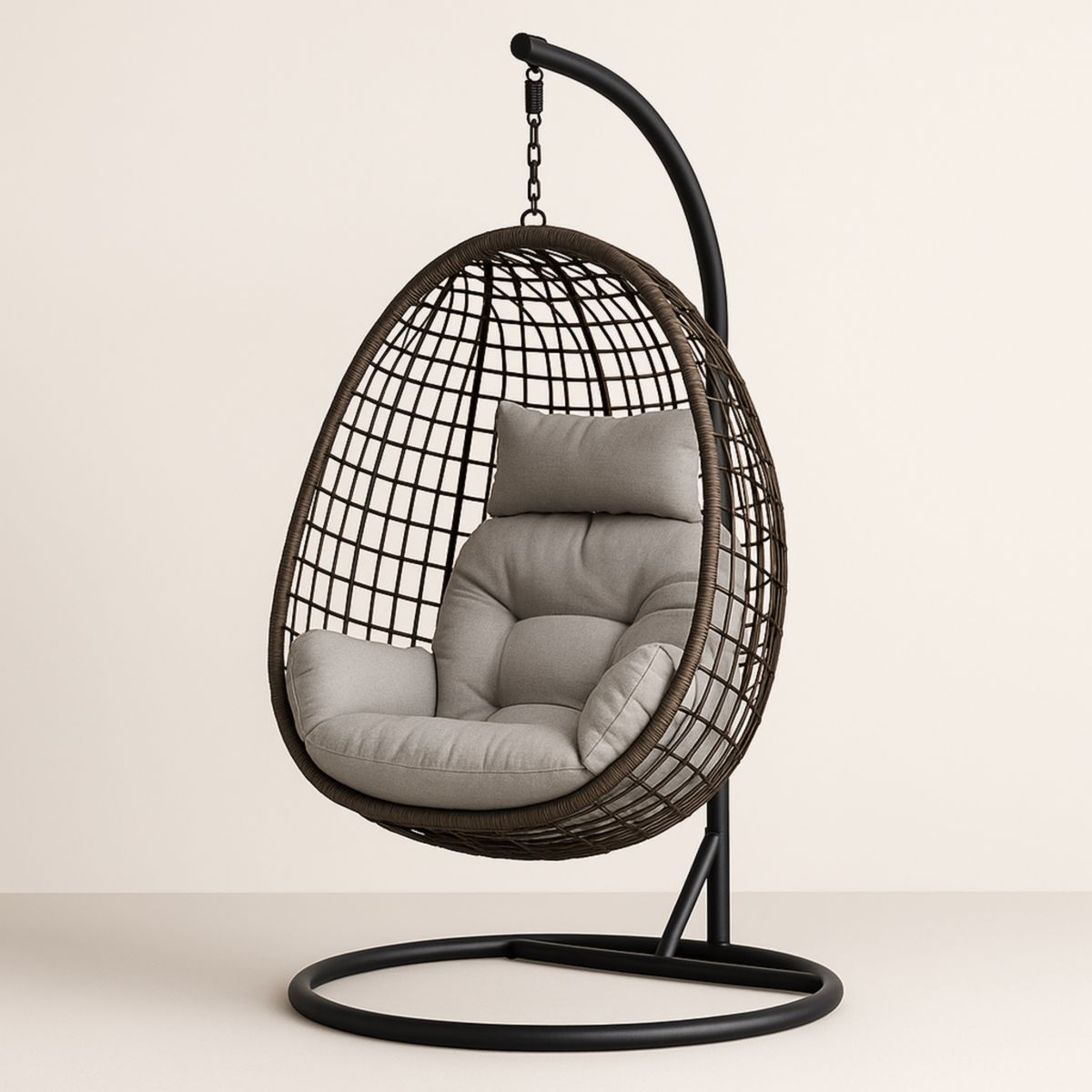 Chaise suspendue en résine tressée avec coussins polyester gris et support métal-Pureverdeaura