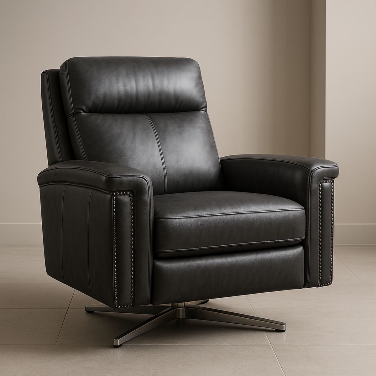 Fauteuil pivotant en cuir noir avec base en métal 92cm x 100cm x 93cm-Pureverdeaura