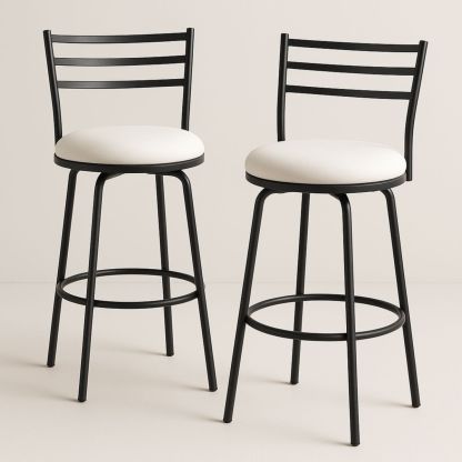 Tabouret de Bar Pivotant Métal Noir Coussin Blanc Ensemble de 2-Pureverdeaura