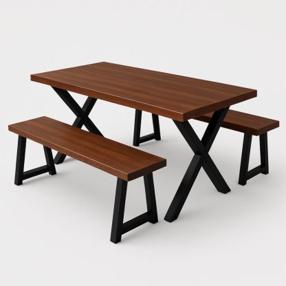 Table rectangulaire et bancs en bois massif avec pieds en métal 150x90x75 cm-Pureverdeaura