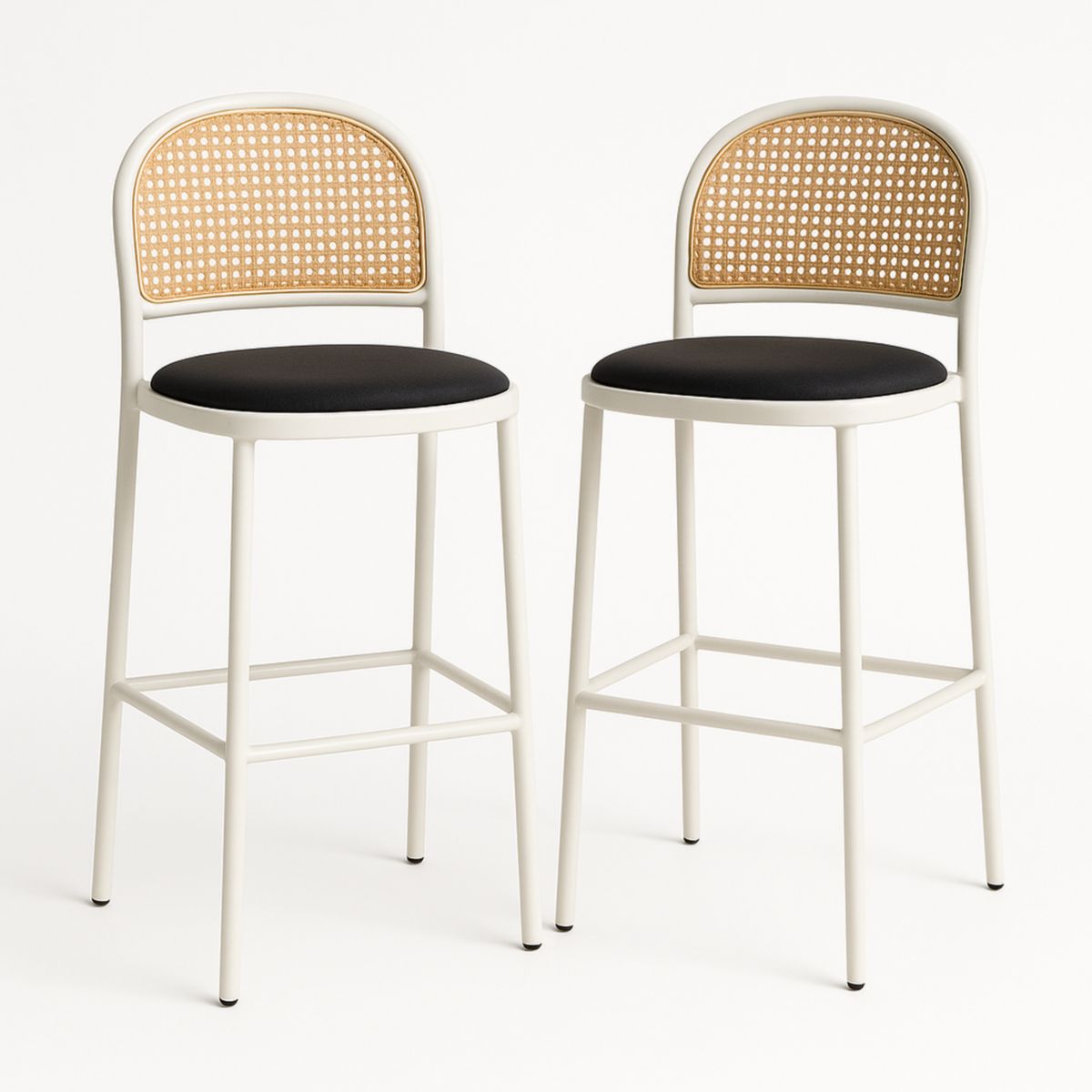 Tabouret de Bar Lot de 2 avec Assise Noire et Dossier en Rotin Blanc Métal-Pureverdeaura