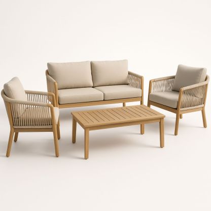 Ensemble Salon de Jardin en Bois et Corde Beige avec Canapé et Fauteuils-Pureverdeaura