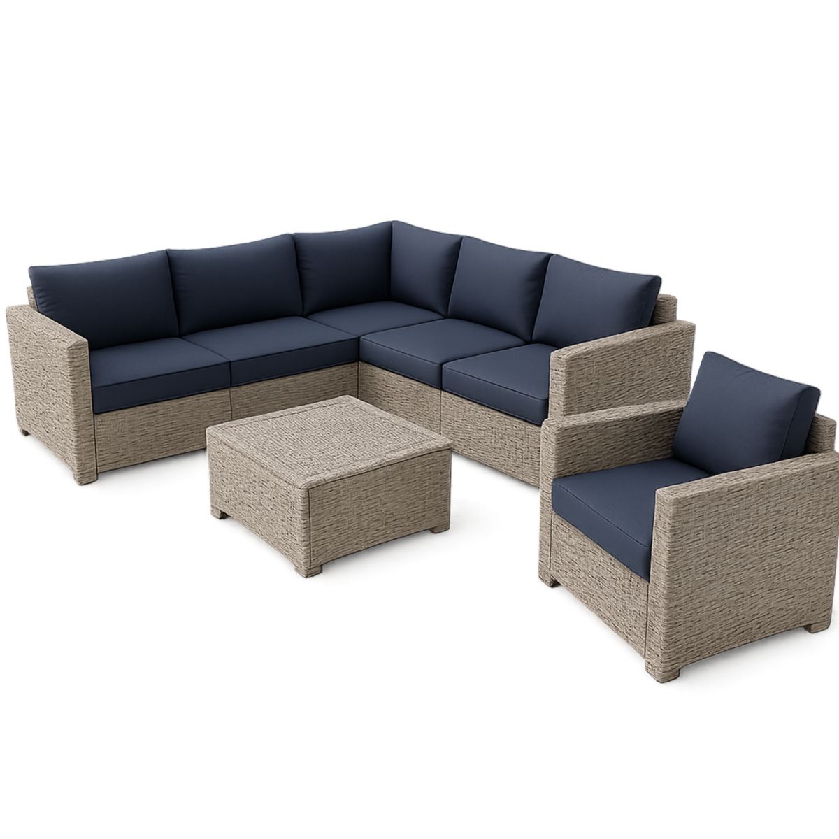 Ensemble de canapés d'angle et fauteuil en résine tressée avec coussins en polyester bleu-Pureverdeaura