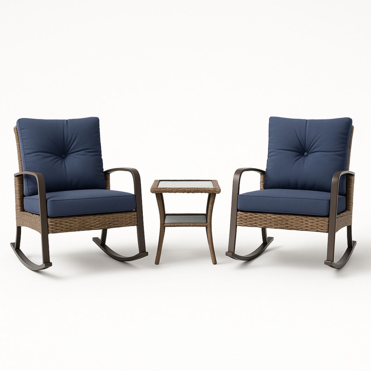 Set de 2 fauteuils à bascule et table en métal et rotin bleu marron-Pureverdeaura