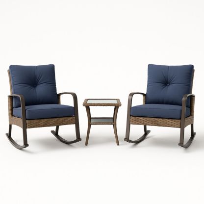 Set de 2 fauteuils à bascule et table en métal et rotin bleu marron-Pureverdeaura