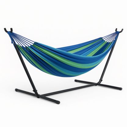 Tissu de Polyester Hamac avec Support Acier Bleu/Vert 200x150 cm-Pureverdeaura