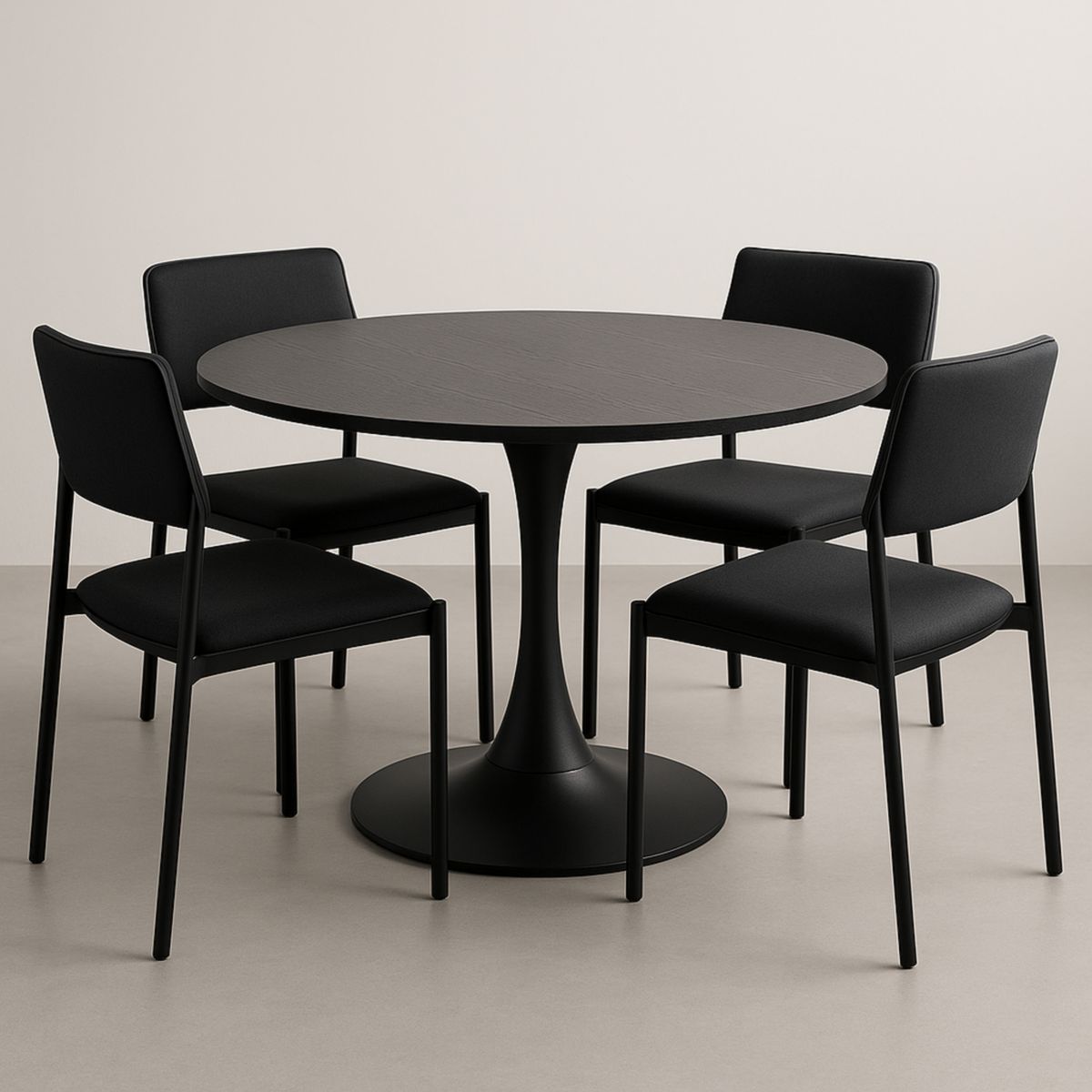 Table à manger ronde noire en métal avec 4 chaises rembourrées-Pureverdeaura