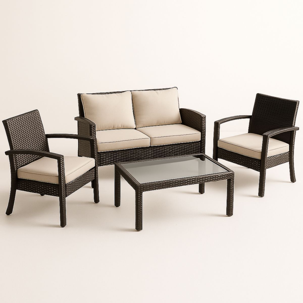 Ensemble de meubles de jardin en résine tressée avec coussins beige et table basse en verre-Pureverdeaura