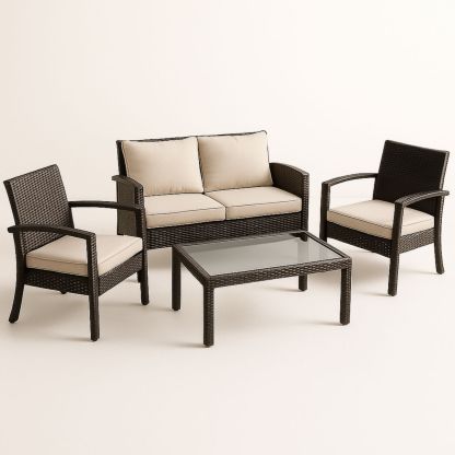 Ensemble de meubles de jardin en résine tressée avec coussins beige et table basse en verre-Pureverdeaura