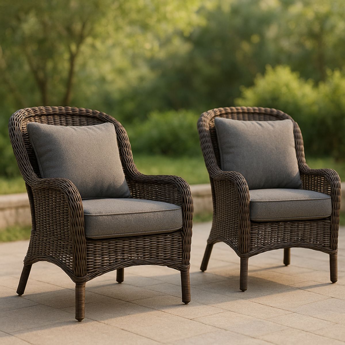 Ensemble de deux fauteuils d'extérieur en résine tressée marron avec coussins en polyester gris-Pureverdeaura