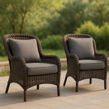 Ensemble de deux fauteuils d'extérieur en résine tressée marron avec coussins en polyester gris-Pureverdeaura