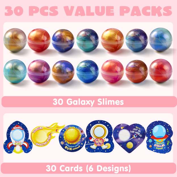 30 Packs Valentines Galaxy Slime With Cards for Kids, Stress Relief Fidget Toy for Kids Valentines Class Exchange Cards, Valentines Party Favors