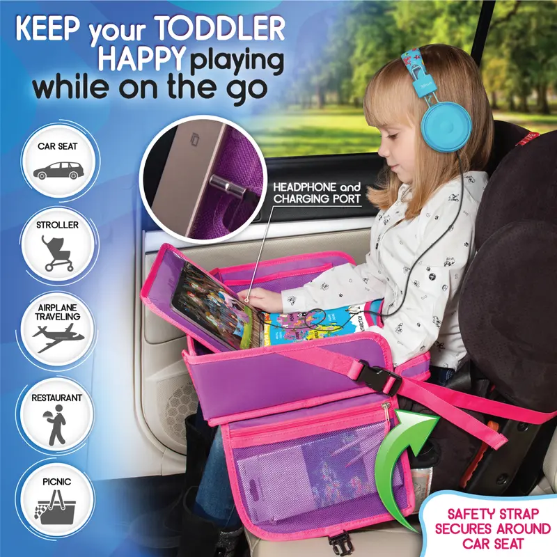 ECOFANTASY Kids Travel Tray - Waterproof Carseat Table Top - Car Seat Tray for Toddler - Travel and Road Trip Essentials Kids - Lap Desk with Storage - Best Toddler Christmas Gift - Black Friday Cyber Monday