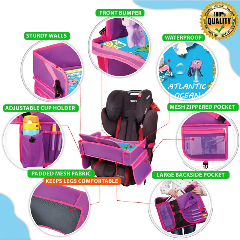 ECOFANTASY Kids Travel Tray - Waterproof Carseat Table Top - Car Seat Tray for Toddler - Travel and Road Trip Essentials Kids - Lap Desk with Storage - Best Toddler Christmas Gift - Black Friday Cyber Monday