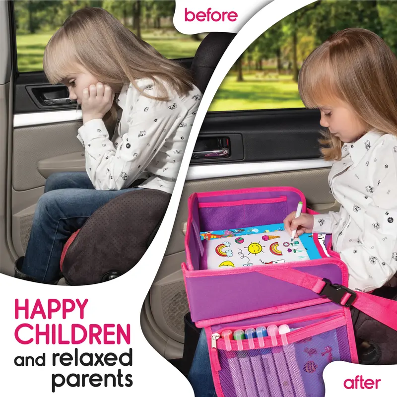 ECOFANTASY Kids Travel Tray - Waterproof Carseat Table Top - Car Seat Tray for Toddler - Travel and Road Trip Essentials Kids - Lap Desk with Storage - Best Toddler Christmas Gift - Black Friday Cyber Monday
