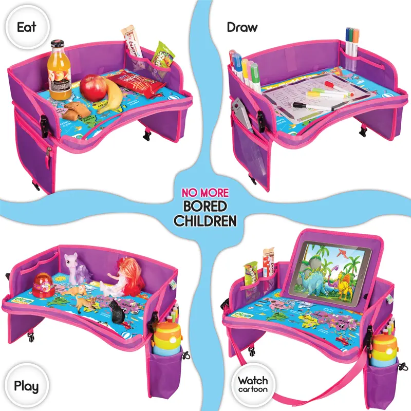 ECOFANTASY Kids Travel Tray - Waterproof Carseat Table Top - Car Seat Tray for Toddler - Travel and Road Trip Essentials Kids - Lap Desk with Storage - Best Toddler Christmas Gift - Black Friday Cyber Monday
