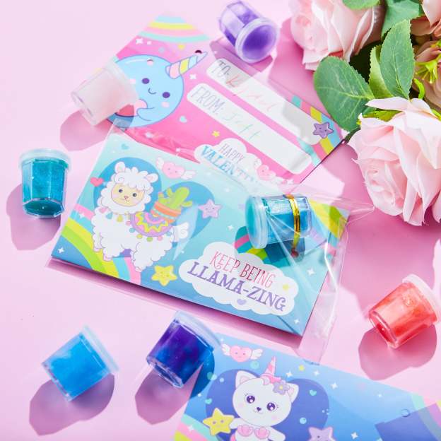 30 Packs Valentines Galaxy Slime With Cards for Kids, Stress Relief Fidget Toy for Kids Valentines Class Exchange Cards, Valentines Party Favors