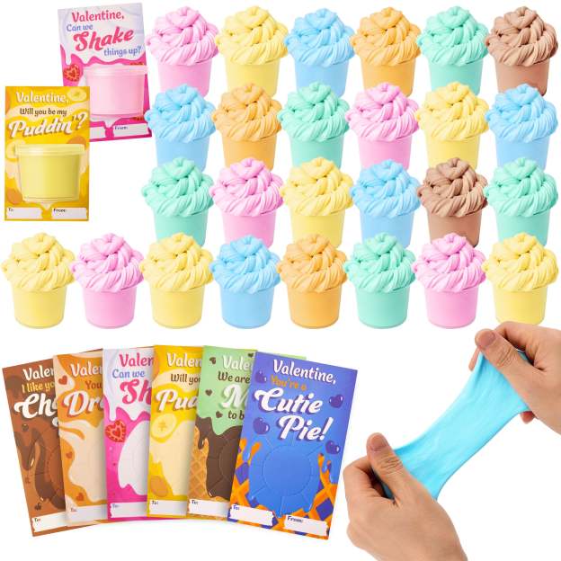 30 Packs Valentines Galaxy Slime With Cards for Kids, Stress Relief Fidget Toy for Kids Valentines Class Exchange Cards, Valentines Party Favors