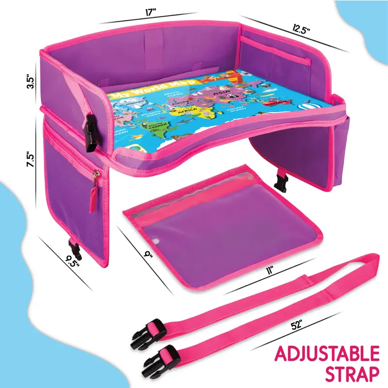 ECOFANTASY Kids Travel Tray - Waterproof Carseat Table Top - Car Seat Tray for Toddler - Travel and Road Trip Essentials Kids - Lap Desk with Storage - Best Toddler Christmas Gift - Black Friday Cyber Monday