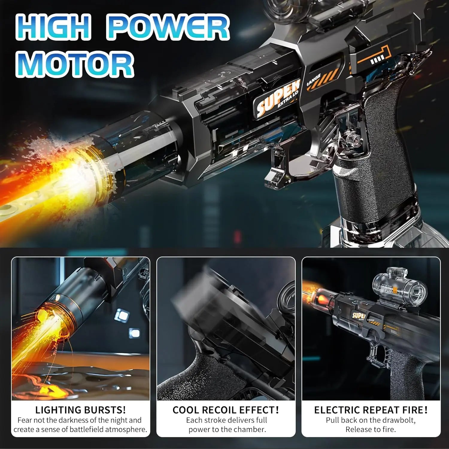 Ultimate Battle Electric Water Gun – Automatic, Glowing Muzzle, 320ml, 32ft Range – Outdoor Toy for Adults & Kids