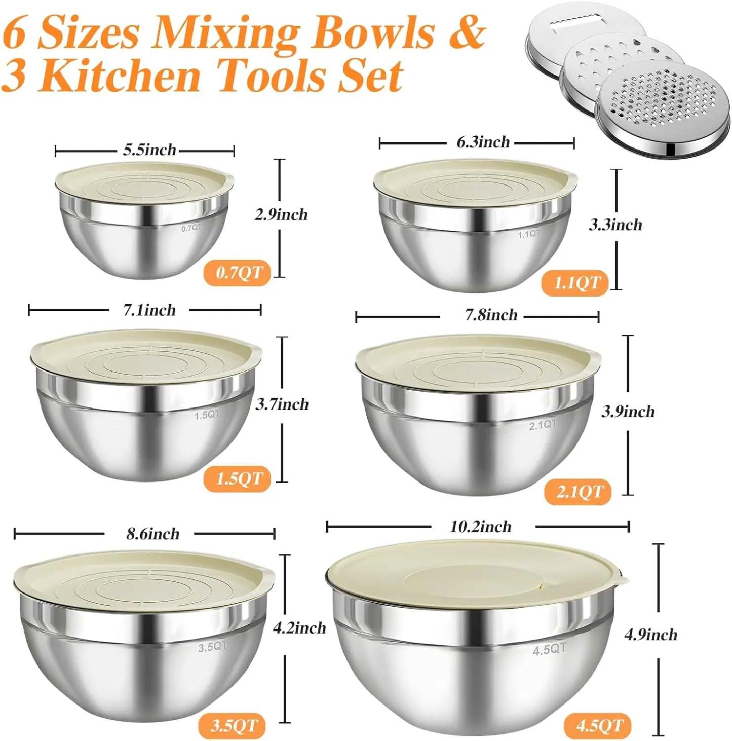 Mixing Bowl Set, 6 PCS Stainless Steel Mixing Bowls with 3 Grinder Attachments, Kitchen Food Organizer Nesting Mixing Bowls Tableware Durable