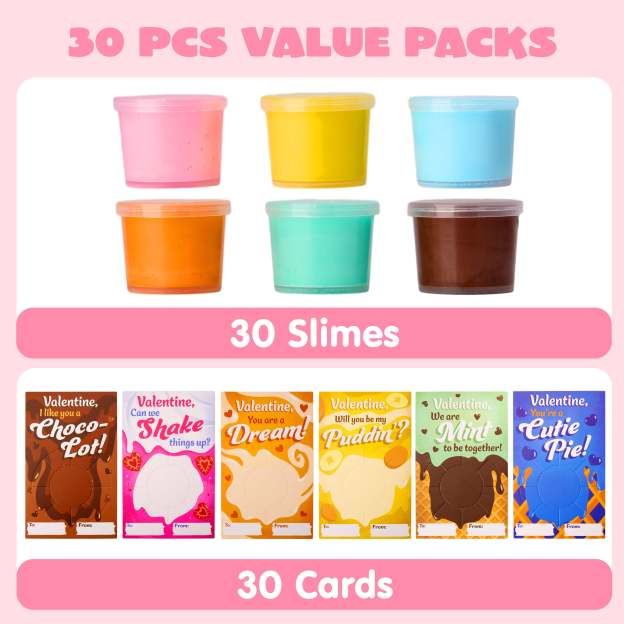 30 Packs Valentines Galaxy Slime With Cards for Kids, Stress Relief Fidget Toy for Kids Valentines Class Exchange Cards, Valentines Party Favors