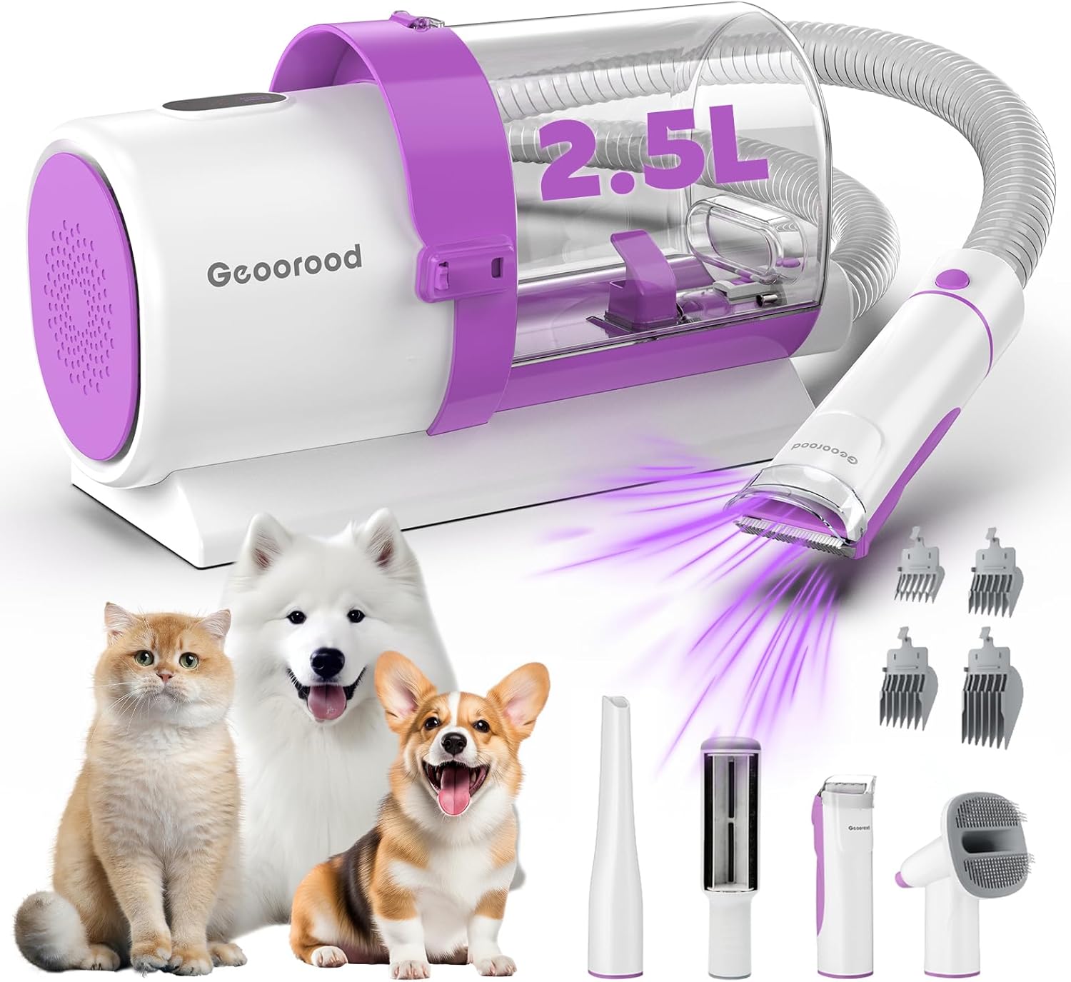 Vacuum Kit, 2.5L Dust Cup Pet Grooming with Clippers for Dogs Cats Hair Shedding Brush at Home Purple