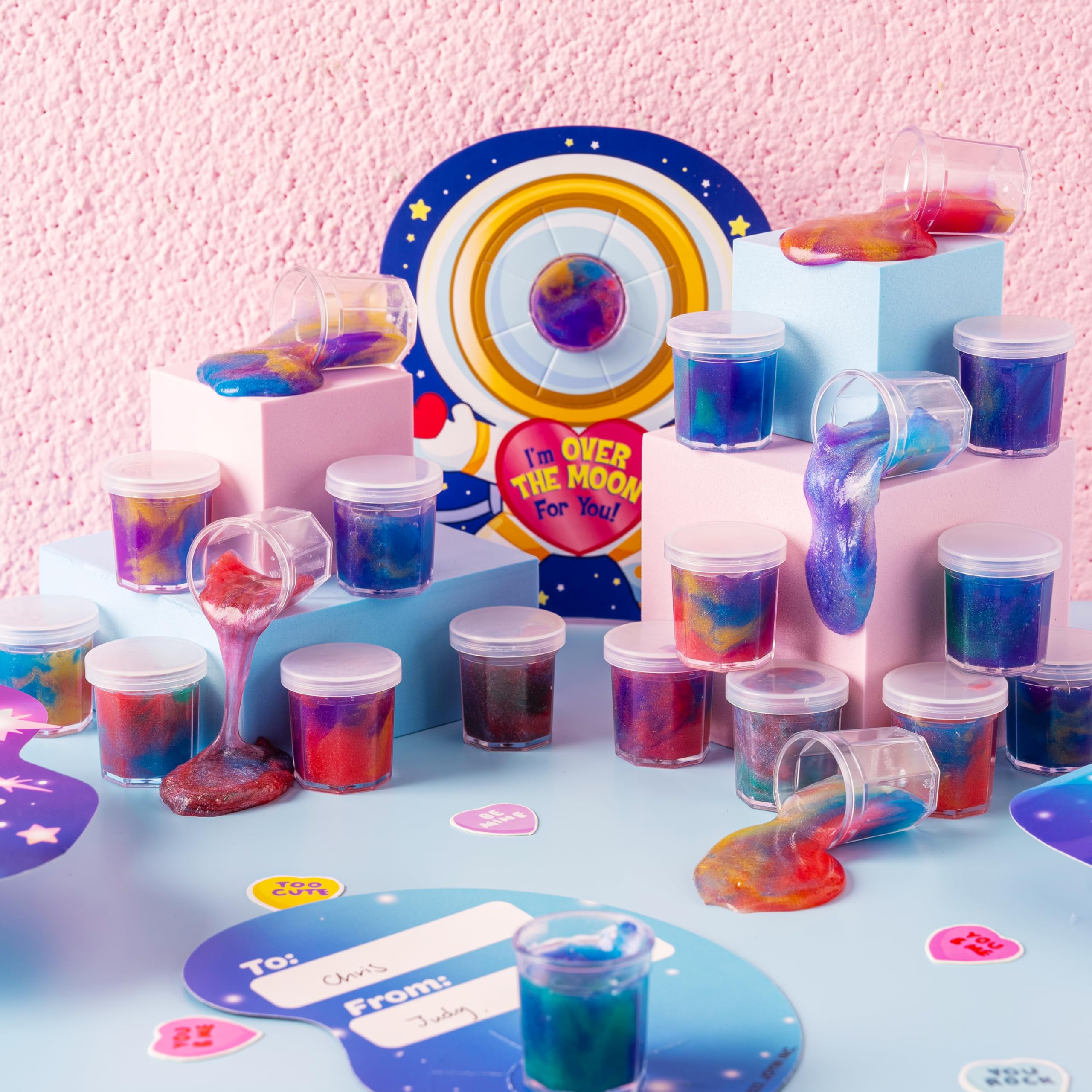 30 Packs Valentines Galaxy Slime With Cards for Kids, Stress Relief Fidget Toy for Kids Valentines Class Exchange Cards, Valentines Party Favors