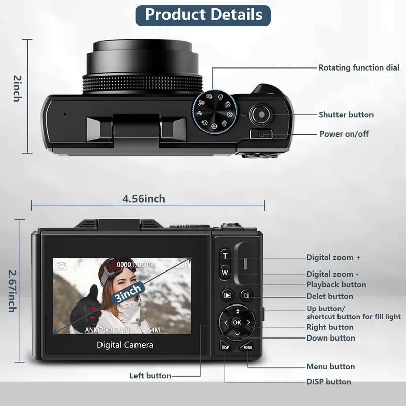 4K Digital Camera for Photography with 64MP, 3 Inch 180° Flip Screen, 18X Digital Zoom, 32GB Micro SD Card, 2 Batteries, Ideal for Beginners
