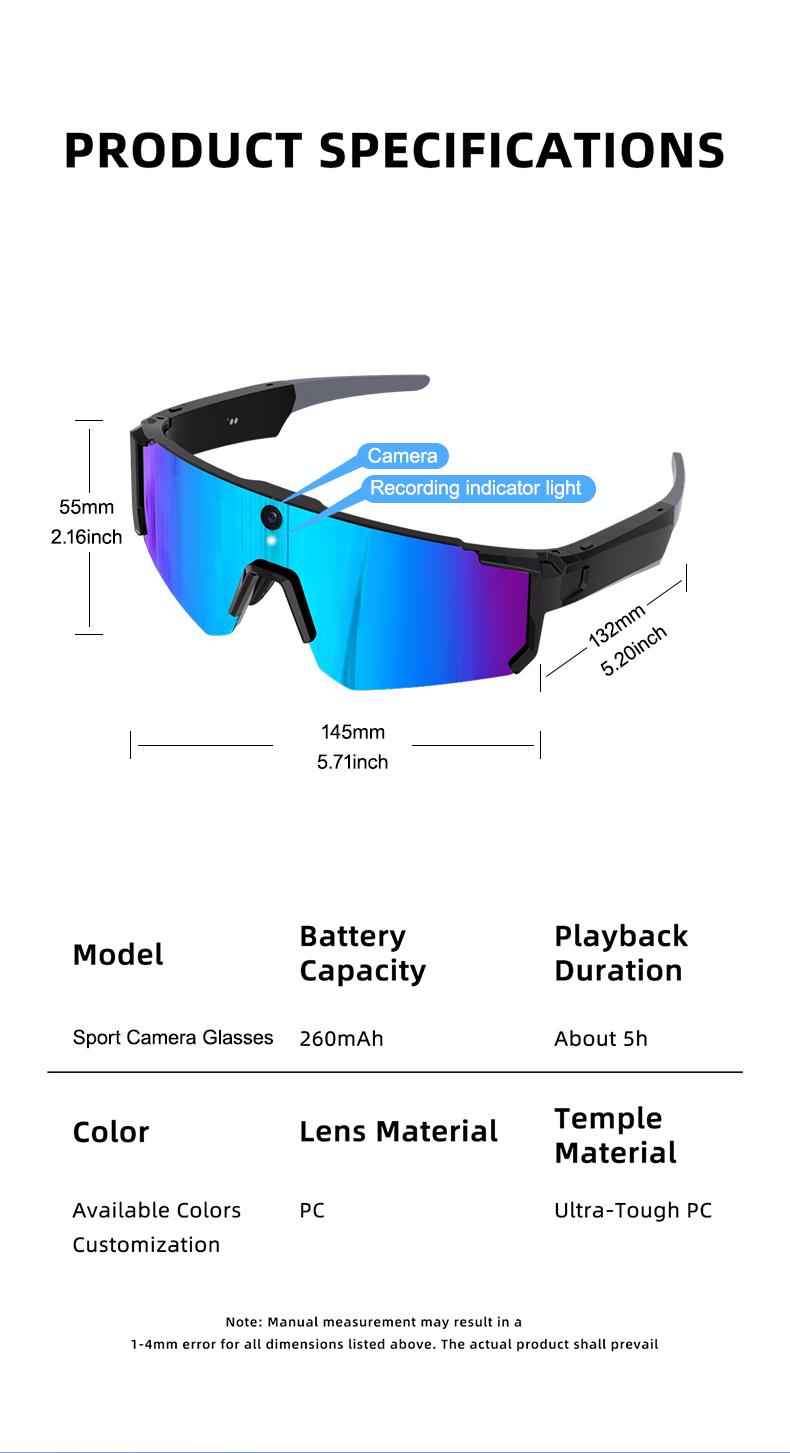 Smart Sports Glasses with 8MP Camera, 2K Photo/1200P Video Recording Wearable Glasses, IP54 Waterproof Multifunctional Wireless Audio Bluetooth Glasses with Headphone, Outdoor Sports Polarized Sunglasses with AI Voice Assistant, UV Protection Eyeglass