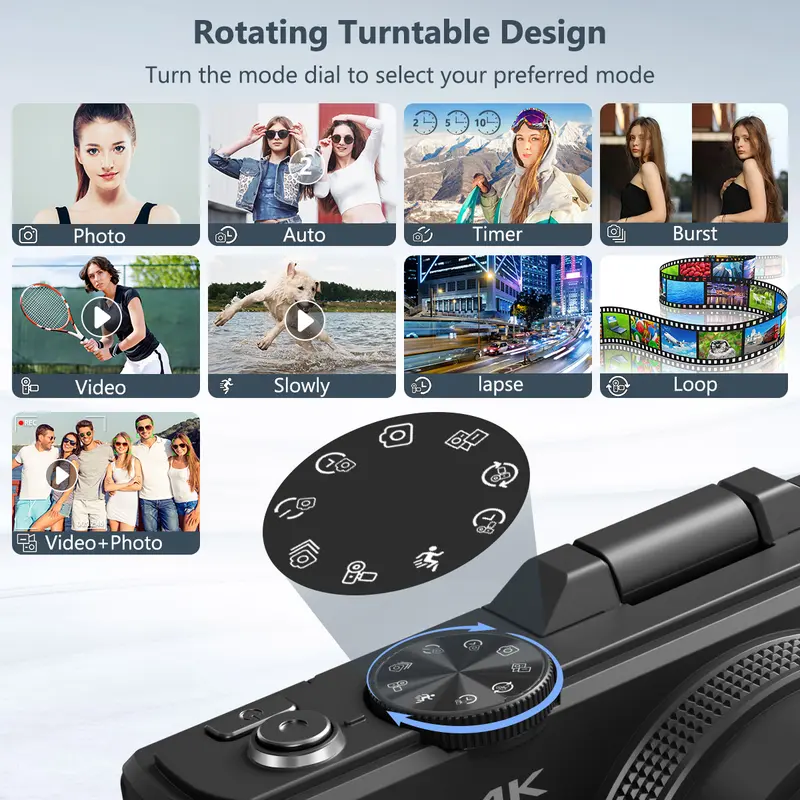 4K Digital Camera for Photography with 64MP, 3 Inch 180° Flip Screen, 18X Digital Zoom, 32GB Micro SD Card, 2 Batteries, Ideal for Beginners